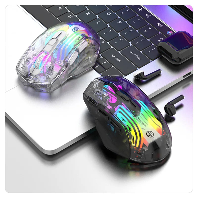 Aesthetic Clear Wireless Mouse for Women RGB Glow Tri-Mode Bluetooth Rechargeable Gaming Mouse for Laptop PC Office