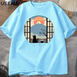 Coffee Cat in Mt Fuji T-shirt Men Women Round Neck Short Sleeve Tshirt Japanese Style Printed T-Shirt Cotton Oversized Tops