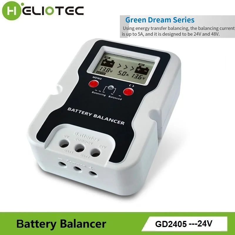 HELIOTEC 24V LED Display Battery Equalizer 2 x 12V Flood AGM Lead Acid Battery Bank Voltage Active Balancer Discharge Regulator