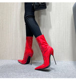 Knee-High Modern Boots Pointy Toe Women Shoes 13cm Ultra Thin Steel High Heels Metal Heel Calf Boots for Women Fun Shoes Size 46