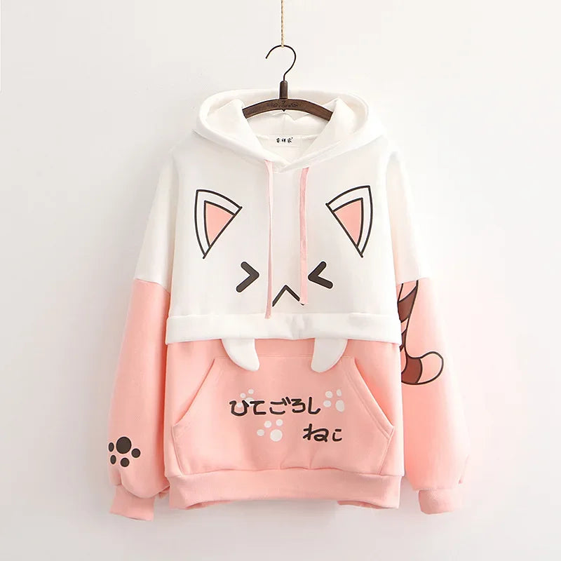 Harajuku Funny Women Hoodies 100% Cotton Winter Plus Fleece Cute Pink Anime Sweatshirt Teen Girl Kawaii Long Sleeve Y2K Hoodie