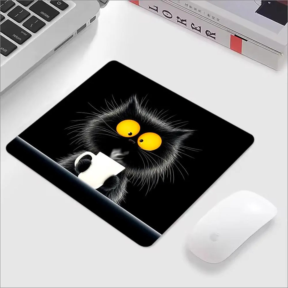 Kawaii Coffee Cat Mouse Pad Black Square Gaming Accessory Rubber Deskmats HD Non-Slip Computer Keyboard Mat New Laptop Mousepad