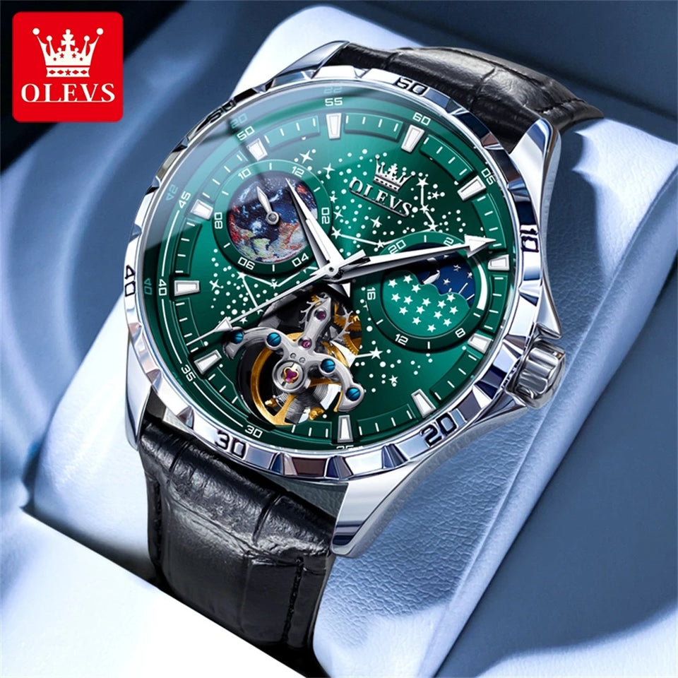 OLEVS 6689 Original Brand Men's Watches Starry Sky Disk Waterproof Luminous Automatic Mechanical Wristwatch Moon Phase Man Watch