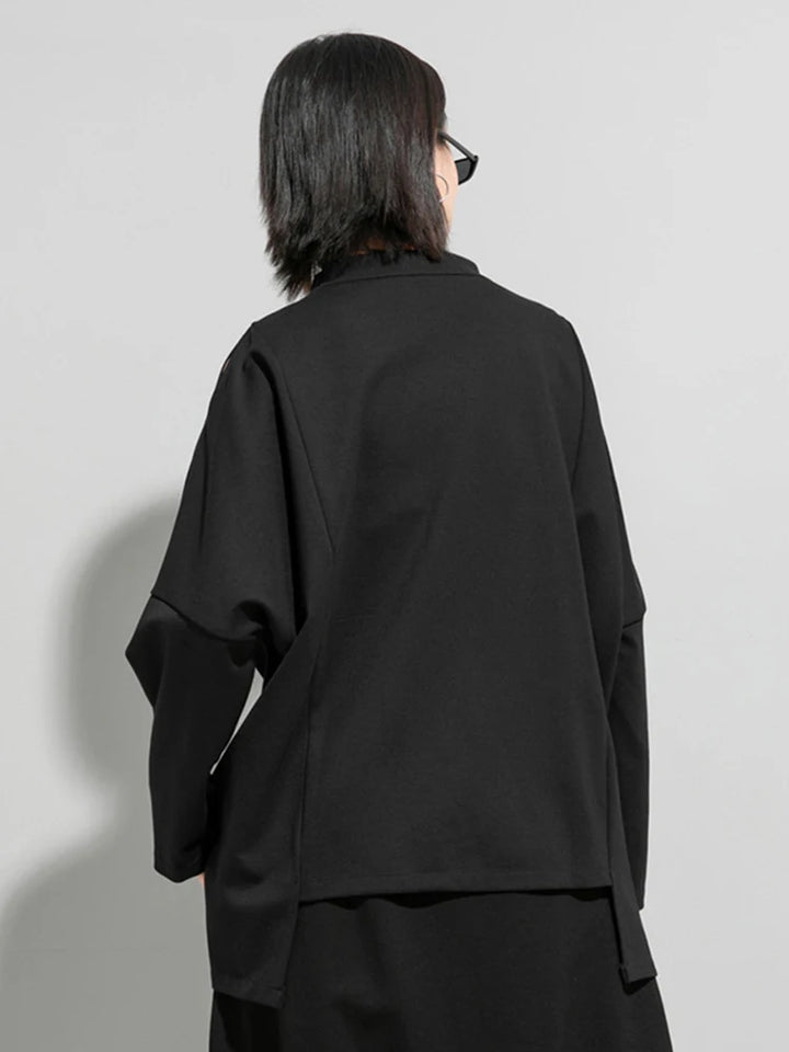 [EAM] Black Irregular Knot Sweatshirt New Stand Collar Long Sleeve Women Big Size Fashion Tide Spring Autumn 2026 1DJ1848