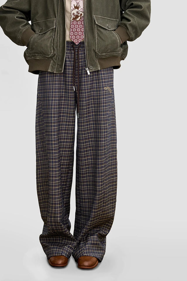 ELFSACK 2025 Winter New Arrivals Casual Loose Embroidered Plaid Long Pants For Woman