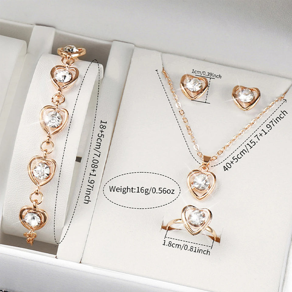 6PCS/Set Fashion Rhinestone Women's Watch Leather Band Analog Quartz Watches Rhinestone Heart Jewelry Set（Without Box）