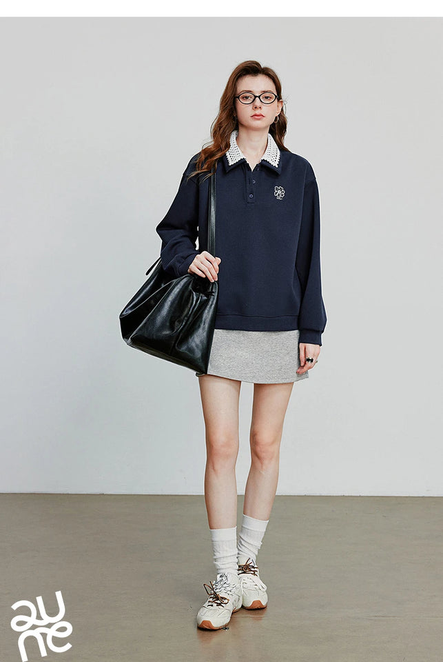 TOYOUTH Women Sweatshirt 2025 Autumn New Green Velvet Embroidery Contrasting Color Splicing Double Layer Collar Pullover Hoodies