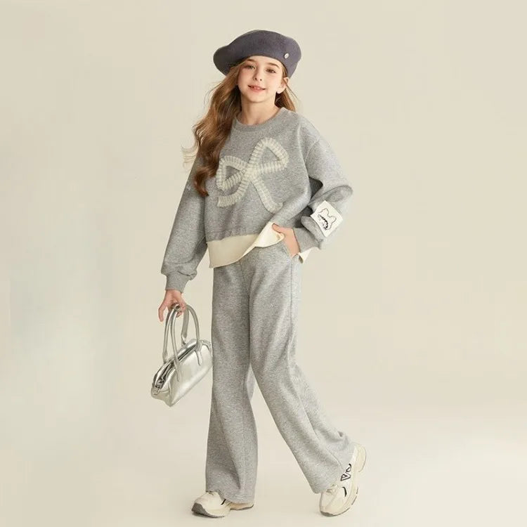 Top & Pants 2-Piece Set Sweatshirt Bow Korean Children's Clothing 2025 Autumn Winter Suits Clothes for Girls From 7 To 8 Years