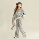 Top & Pants 2-Piece Set Sweatshirt Bow Korean Children's Clothing 2025 Autumn Winter Suits Clothes for Girls From 7 To 8 Years