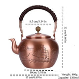 Handcrafted Pure Copper Coffee Pot,Engraving Retro Welcoming Pine Teaware 1300 ml Filter Weave Heat Handheld Kettle,Teapot