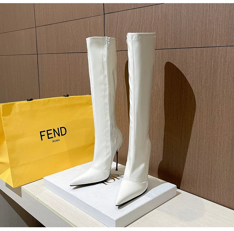 Knee-High Modern Boots Pointy Toe Women Shoes 13cm Ultra Thin Steel High Heels Metal Heel Calf Boots for Women Fun Shoes Size 46