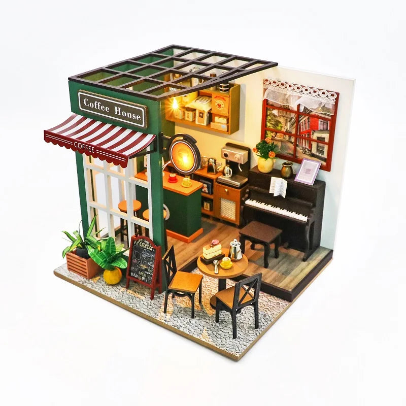DIY 3D Puzzles Wooden Toy Miniature Dollhouse Handmade Doll House Model Building Kits Coffee House Toys For Children Gifts
