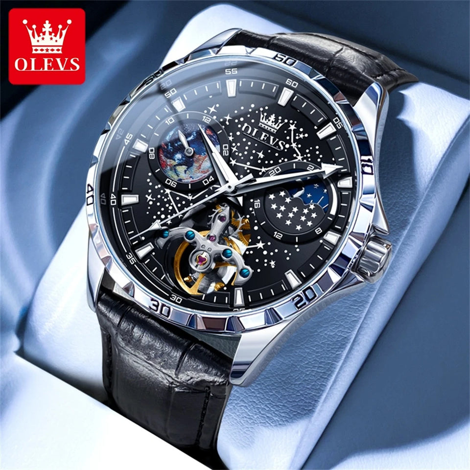 OLEVS 6689 Original Brand Men's Watches Starry Sky Disk Waterproof Luminous Automatic Mechanical Wristwatch Moon Phase Man Watch