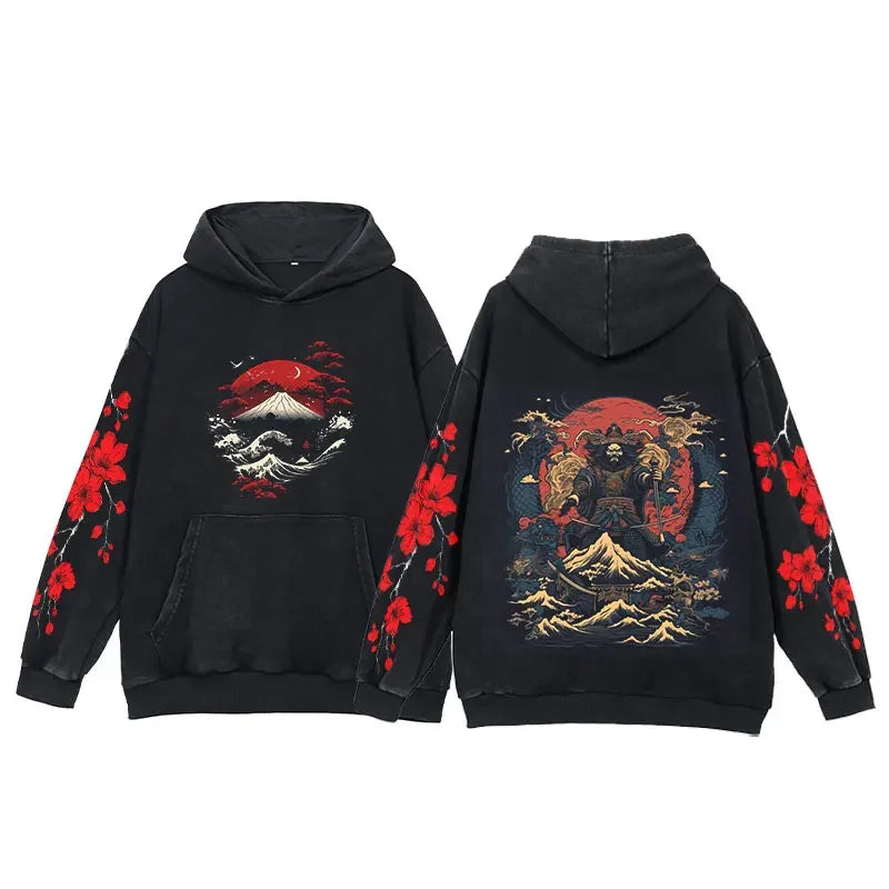 Y2K Anime Hoodies Men Ukiyoe Oversized Loose Vintage Acid Wash Hooded Sweatshirt Women Goth Harajuku Cotton Long Sleeve Pullover