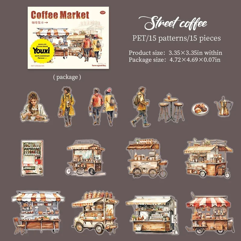 Coffee Bazaar Series Sticker Pack 6 Coffee Shop Diorama Themes 15Pcs Journal Decor for Cafe Lovers
