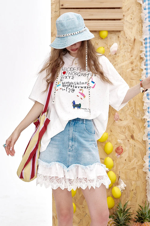 ELFSACK 2025 Summer New Arrivals Lace And Lace Patchwork A-Line Denim Skirt For Women