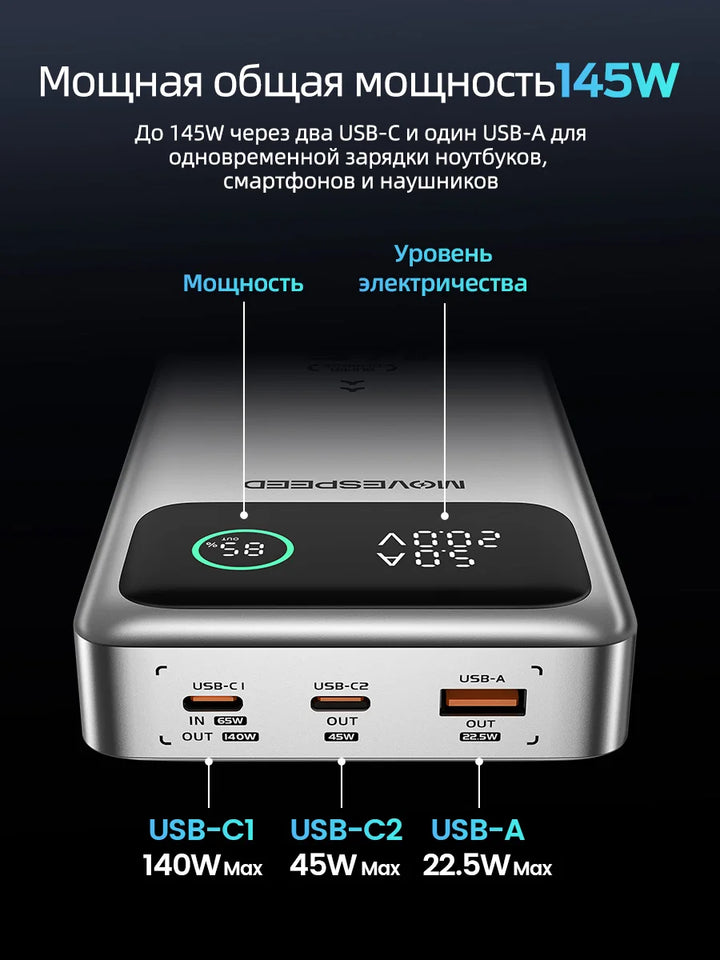 MOVESPEED M25Pro 25000mAh Power Bank 140W Type C PD Fast Charging PowerBank External Portable Charger for MacBook Lenovo Laptop