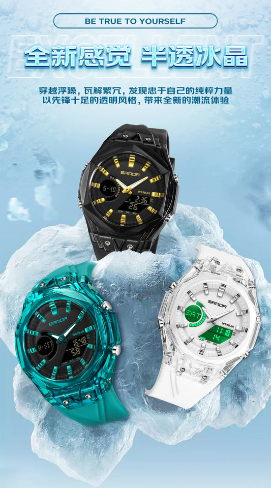 SANDA Top New 6283 Dual Display Multifunctional Student Electronic Watch Alarm Clock Night Light Waterproof Sports Student Watch