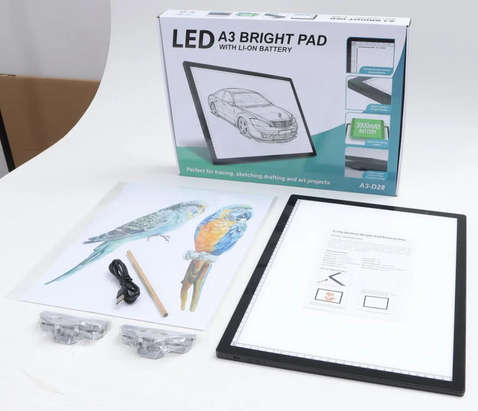 A3 Rechargeable Light Pad With Bottom Bracket, Clip and bag,3000 MAh Battery Powered Light Box For Diamond Painting,Sketching