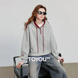 TOYOUTH Women Hoodies Sweatshirt 2025 Autumn New Contrasting Color Embroidery Splicing Hooded Pullover Tops