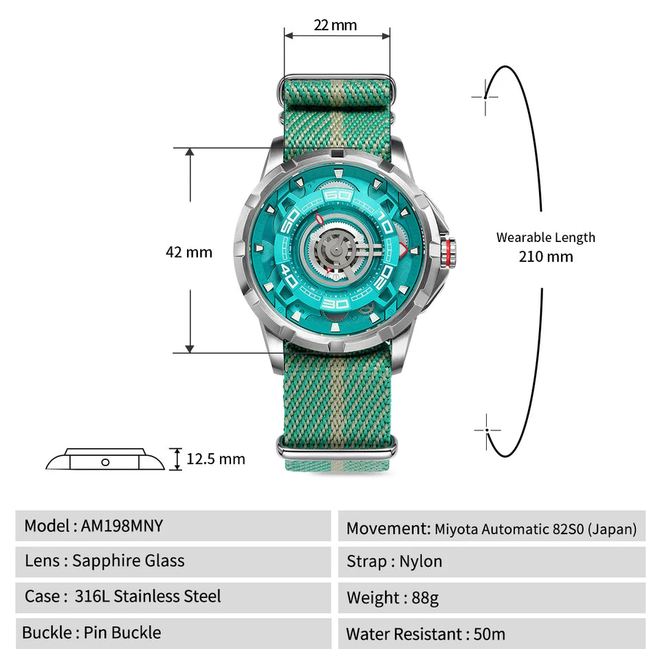 BERNY Automatic Men's Skeleton Watch 5ATM Luminous Sapphire Exhibition 3D Dial 316L Steel MIYOTA 82S0 Mechanical Watches for Men