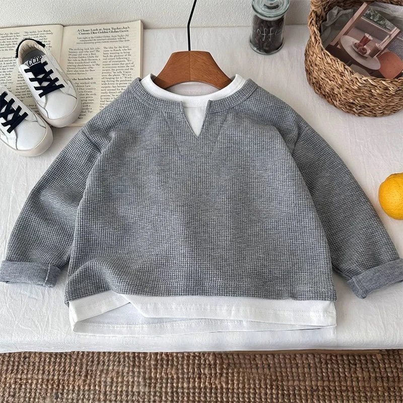 Boys' Casual Loose Cotton Long Sleeve Sweatshirt Grid Pullover Shirt 6-14 Years Spring Autumn Fashion Fake 2 Piece Top for Kids
