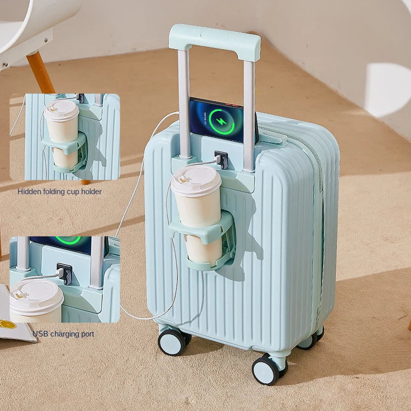 Multifunctional suitcase 18 inch small lightweight luggage with USB cup holder password suitcases 20" cabin carry-on travel bag