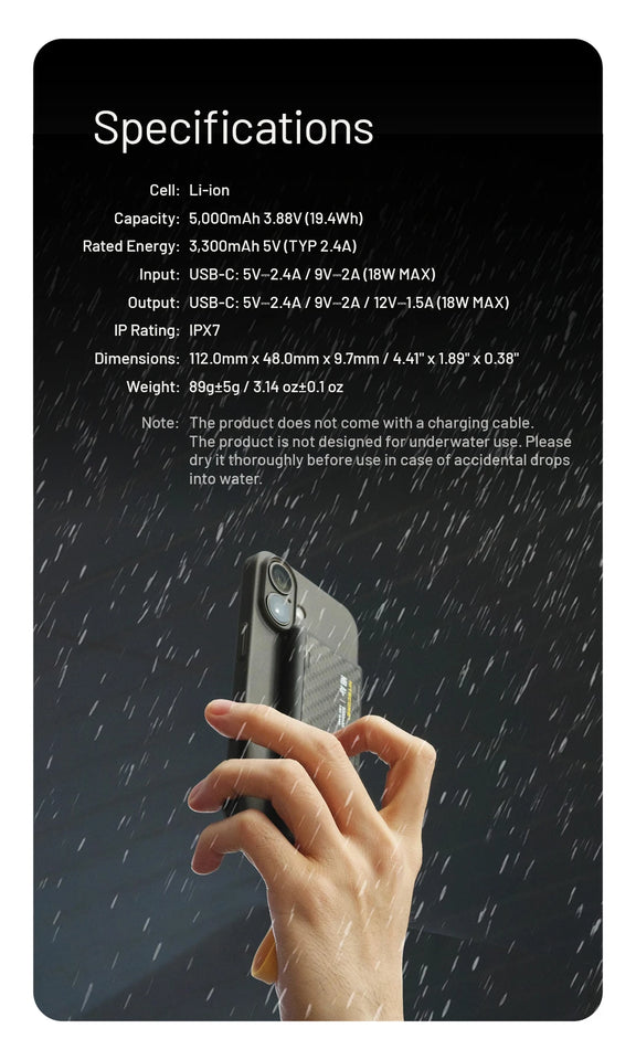 NITECORE NB Air Power Bank 5000mAh Mobile Powerbank IPX7 Waterproof  18W USB-C Fast Charge PD QC3.0 Output For SmartPhone