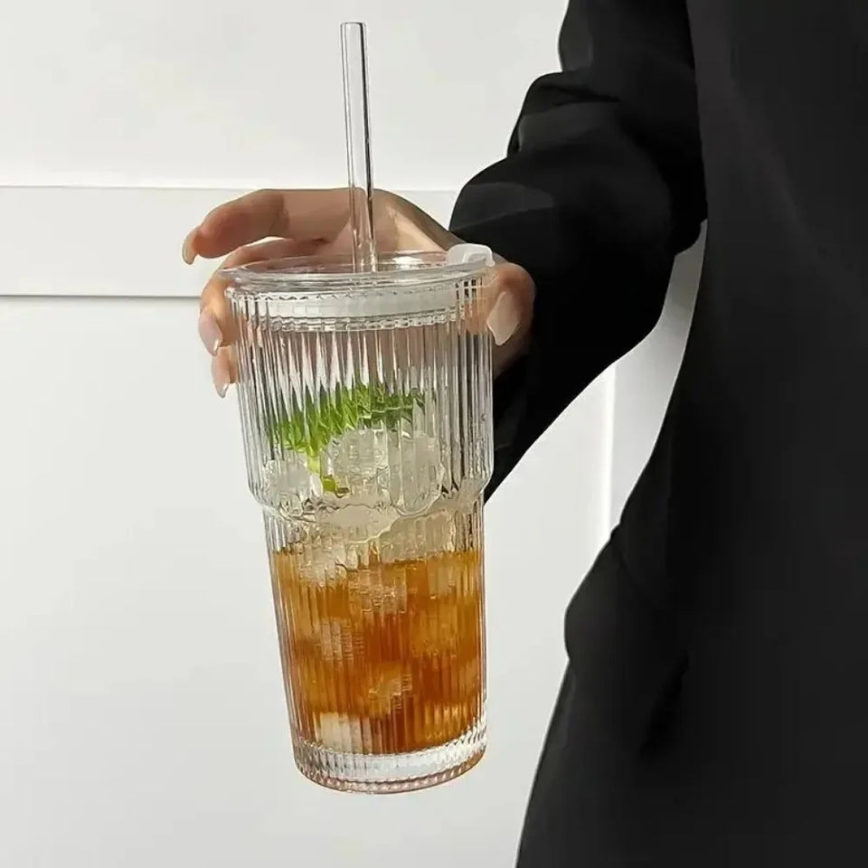 400/600ML Stripe Glass Coffee Cup With Lid and Without Cover Straw Transparent Drinking Glasses for Juice Iced Coffee Mugs