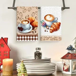 2-Piece Set of Coffee and Bread Themed Kitchen Towels, Dish Towels, Hand Towels, Kitchen Decorative Towels, Neighbor Gifts, Sweet Housewarming Gifts for Friends, Mom Gifts, Friend's Birthday Gifts.
