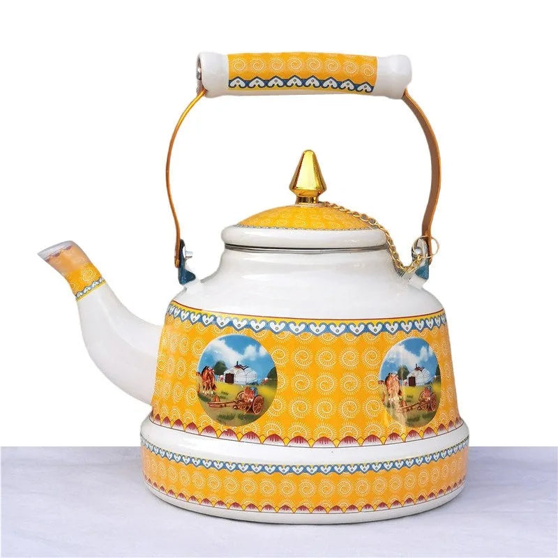1.7L Tibetan Style Porcelain Enameled Teapot Chinese Ethnic Characteristic Milk Tea Infuser Enamel Boiling Water Kettle