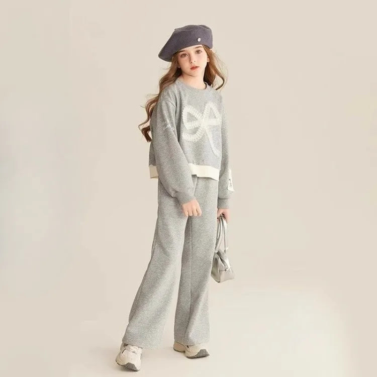 Top & Pants 2-Piece Set Sweatshirt Bow Korean Children's Clothing 2025 Autumn Winter Suits Clothes for Girls From 7 To 8 Years