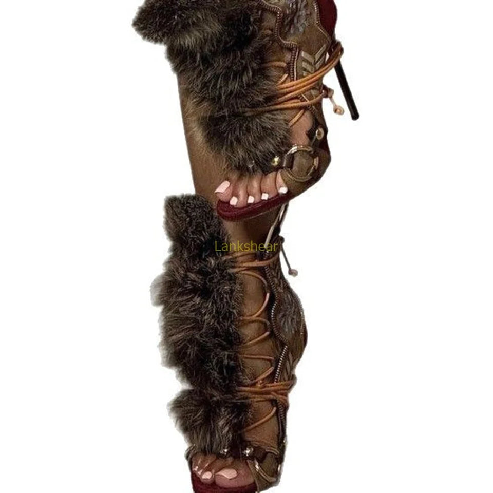 Fur Peep Toe Cross Tied Platform Sandal Boots Sexy Round Toe Thin Heel Zippeer New Arrivals Fashion Women Modern Boors