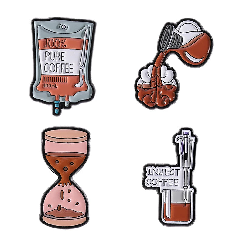 100% Pure Coffee Iv Bag For Medical Enamel Pins Creative Coffee Filling Brain Inject Coffee Brooch Clothes Lapel Badge Jewelry
