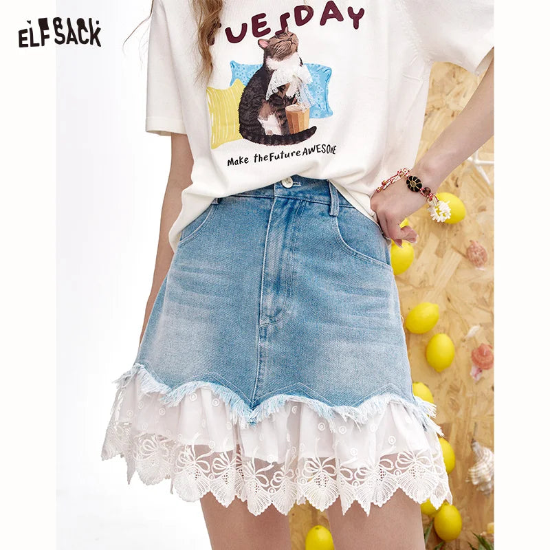 ELFSACK 2025 Summer New Arrivals Lace And Lace Patchwork A-Line Denim Skirt For Women