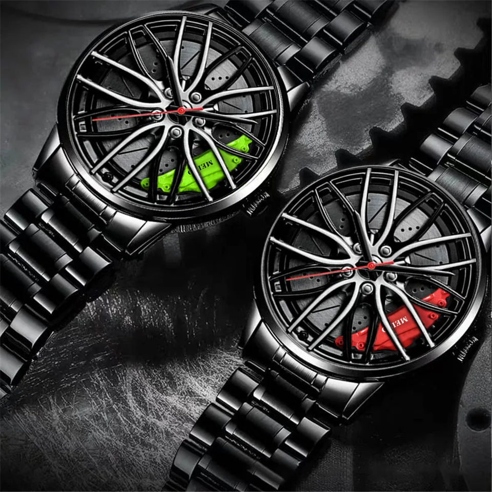 New Top Men Stainless Steel Watches Mens Car Wheel Hub Leather Quartz Watch For Male Military Sport Watch Relogio Masculino Hot