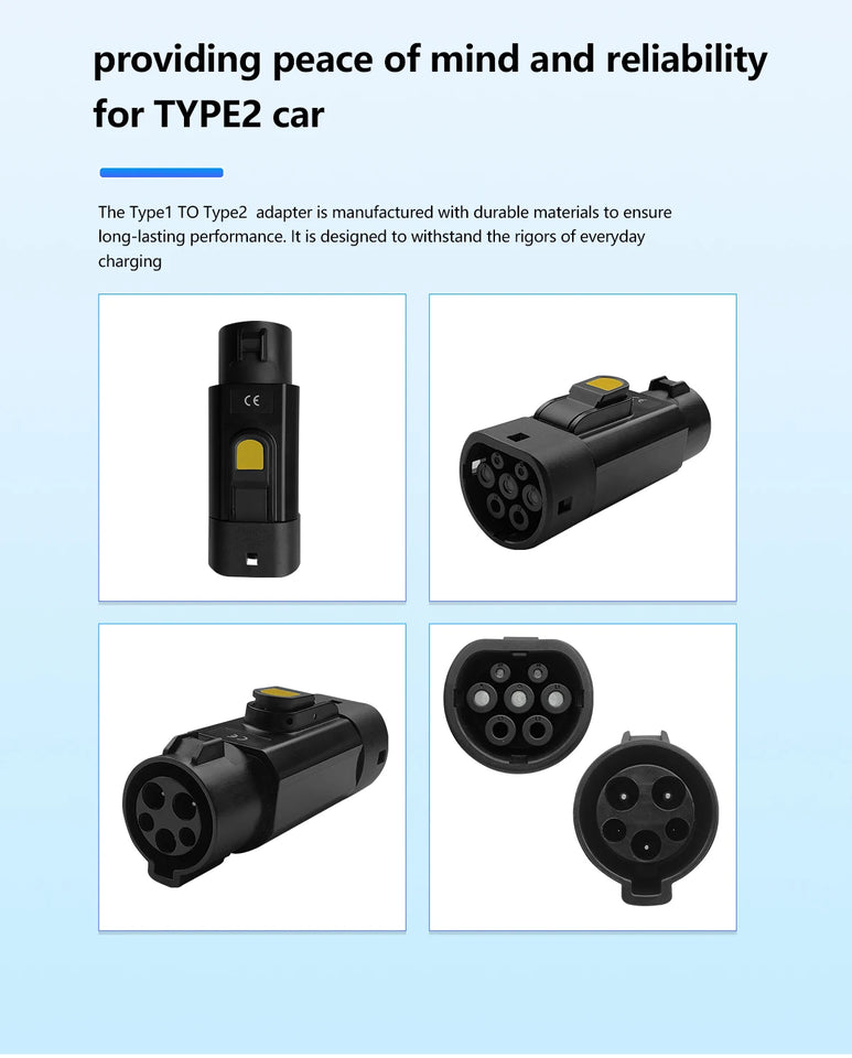 Type 1 to Type 2 EV Charger Adapter 32A EV Charger Connector SAE J1772 to Type 2 Adapter for Electric Vehicle Charging