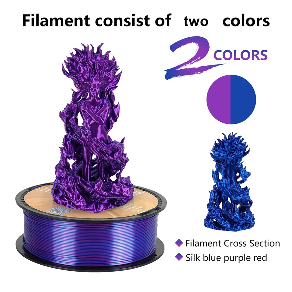 KINGROON Dual-color Silk PLA Filament 1.75mm 2 Color Coextrusion Glossy 3D Printer Filament PLA, 3kg/pack 1kg each spool