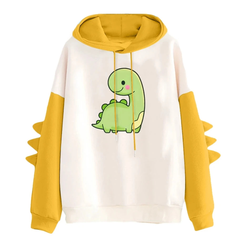 Winter Cute Dinosaur Cartoon Hoodie Women Fashion Sweatshirt Casual Print Long Sleeve Korean Style Splice Tops Kawaii Clothes