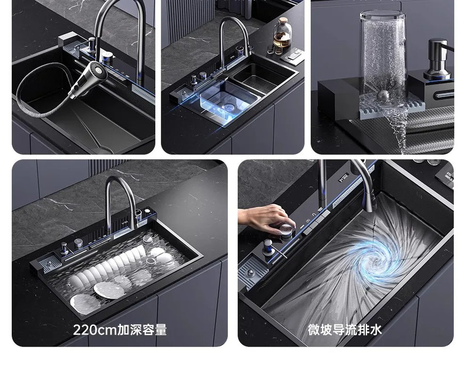 304 Stainless Steel Kitchen Sink, Large Single Sink, Thickened Whale Relief, Digital Display, Washbasin, Washbasin