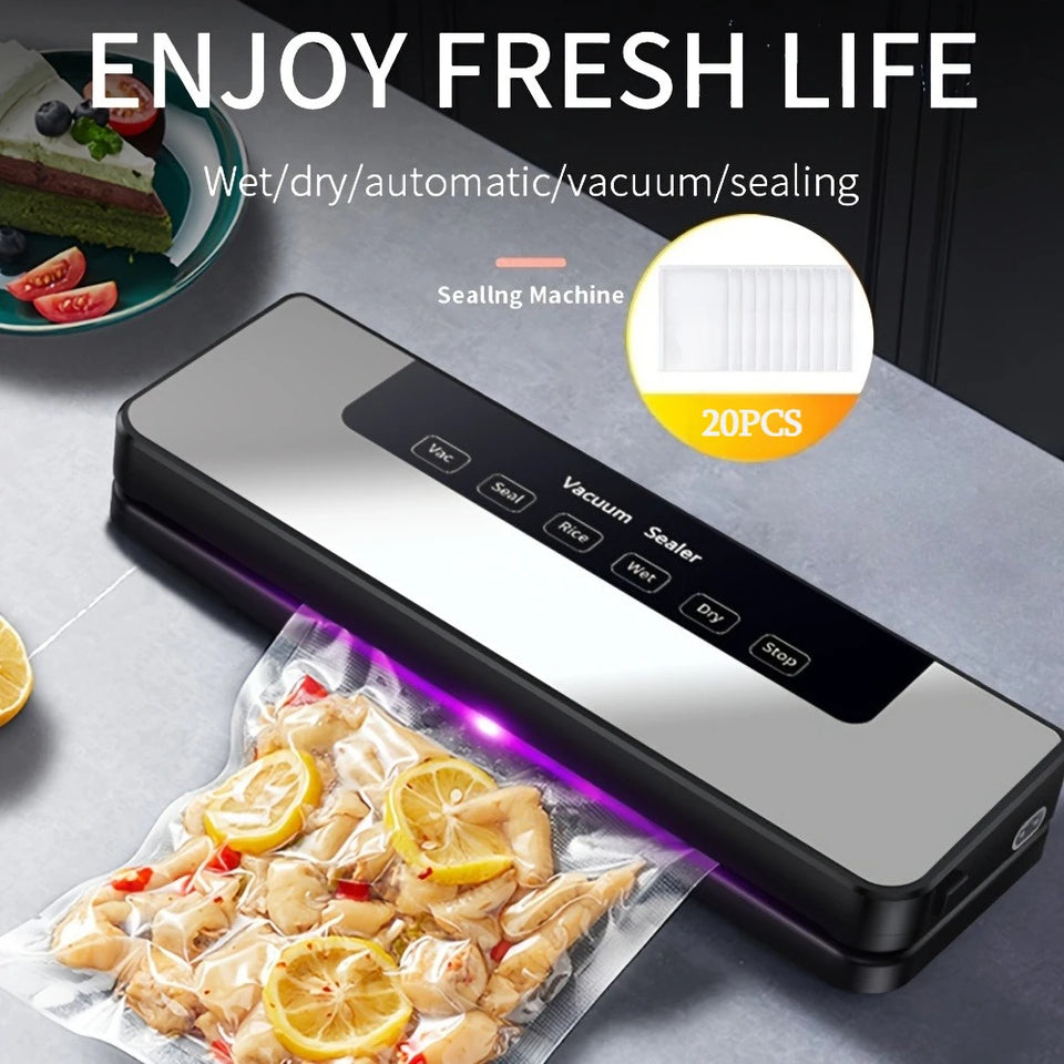 65Kpa Food Vacuum Sealer Machine with 20 Free Bags, Stainless Steel 6-in-1 Sealing, Dry/Wet Mode for Food Storage, Grey