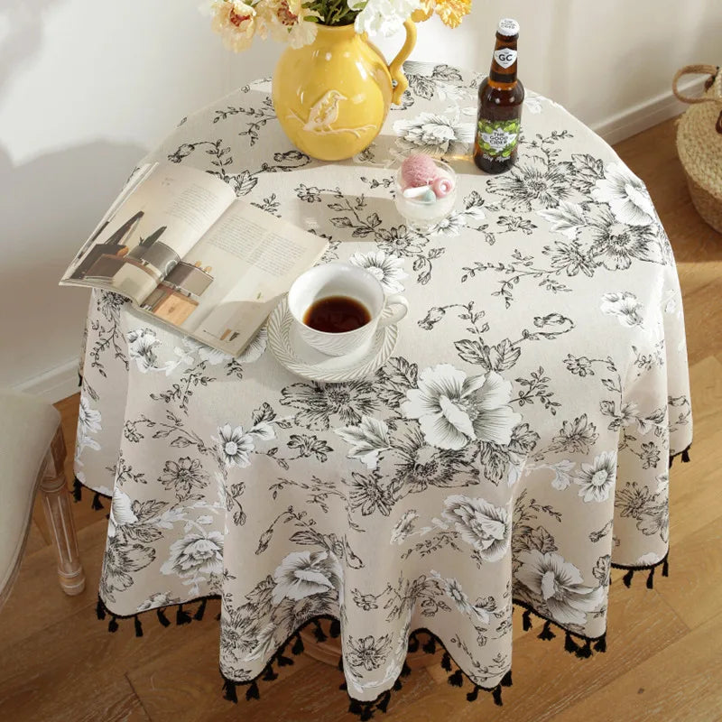 Cotton Linen Nodic Pastoral Black Peonies Black Tassel 150cm Round Tablecloth for Coffee Tables Table Cover Round Table Cloth