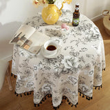 Cotton Linen Nodic Pastoral Black Peonies Black Tassel 150cm Round Tablecloth for Coffee Tables Table Cover Round Table Cloth