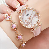 6PCS/Set Fashion Rhinestone Women's Watch Leather Band Analog Quartz Watches Rhinestone Heart Jewelry Set（Without Box）