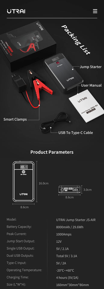 UTRAI Car Jump Starter 1000A Battery Charger 8000mAh Emergency Power Bank Booster with LED Lighting Starting Device for 12V Cars