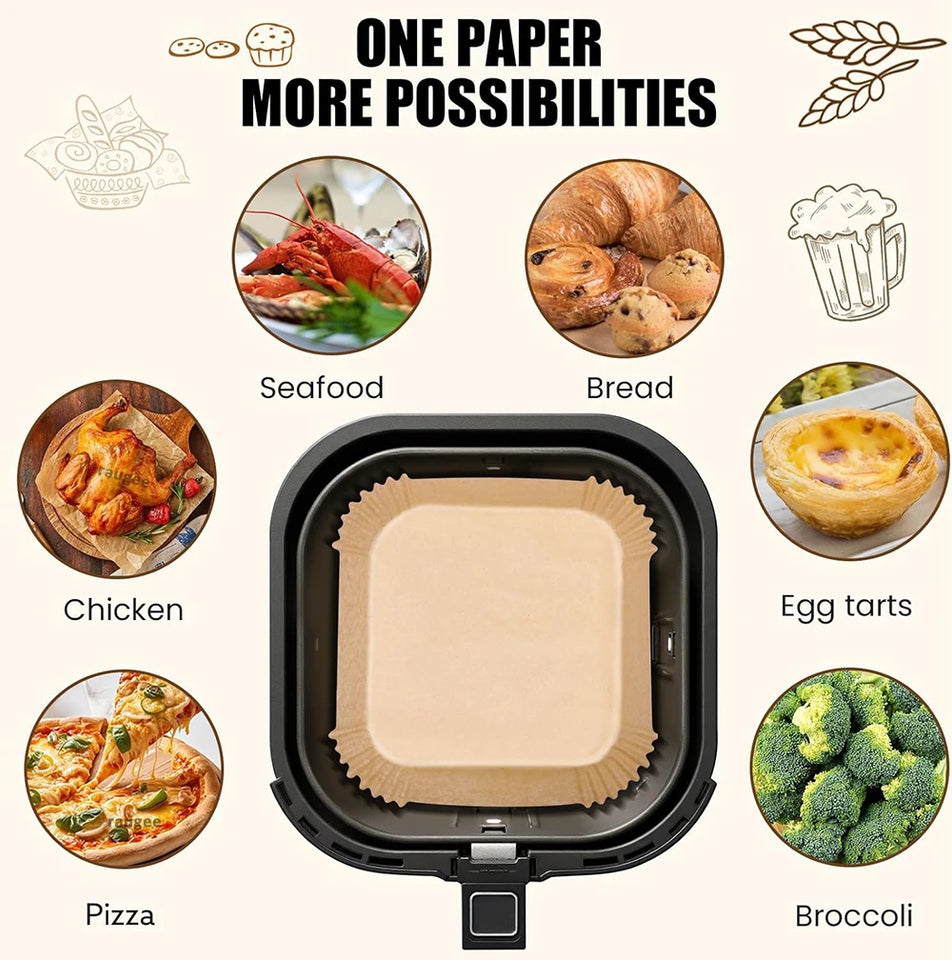 Air Fryer Liners Disposable 100pcs Parchment Paper Square Liners Round Liners Free of Bleach Non-Stick Oil-proof and Waterproof