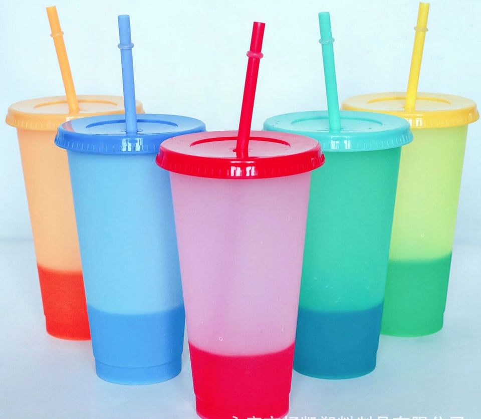 5PCS Plastic Cute Cold Cups with Lids and Straws for Iced Coffee 24 oz Color Changing Reusable for Adults Kid Women Party