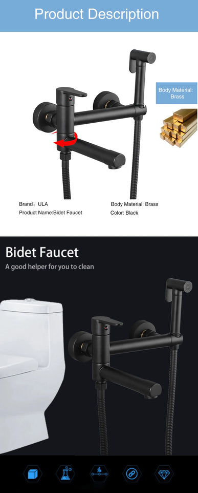 ULA Brass Bidet Faucet Black Toilet Faucet Handheld Toilet Bidet Sprayer Set Hygienic Shower Hot Cold Water Mixer Shower Head