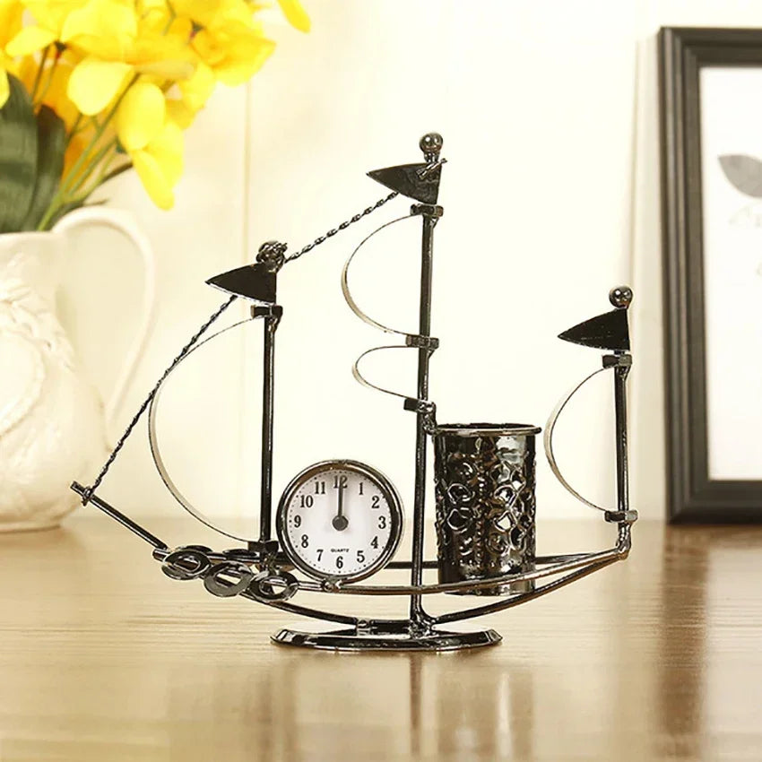 Creative Sailboat Shaped Pen Holder With Clock Office Pencil Box Desk Organizer Stand Case Stationery, Home Desktop Decoration