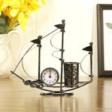 Creative Sailboat Shaped Pen Holder With Clock Office Pencil Box Desk Organizer Stand Case Stationery, Home Desktop Decoration